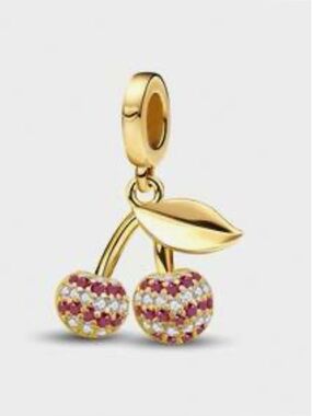 Gold Cherry Dangle Charm with Pink Crystal Accents